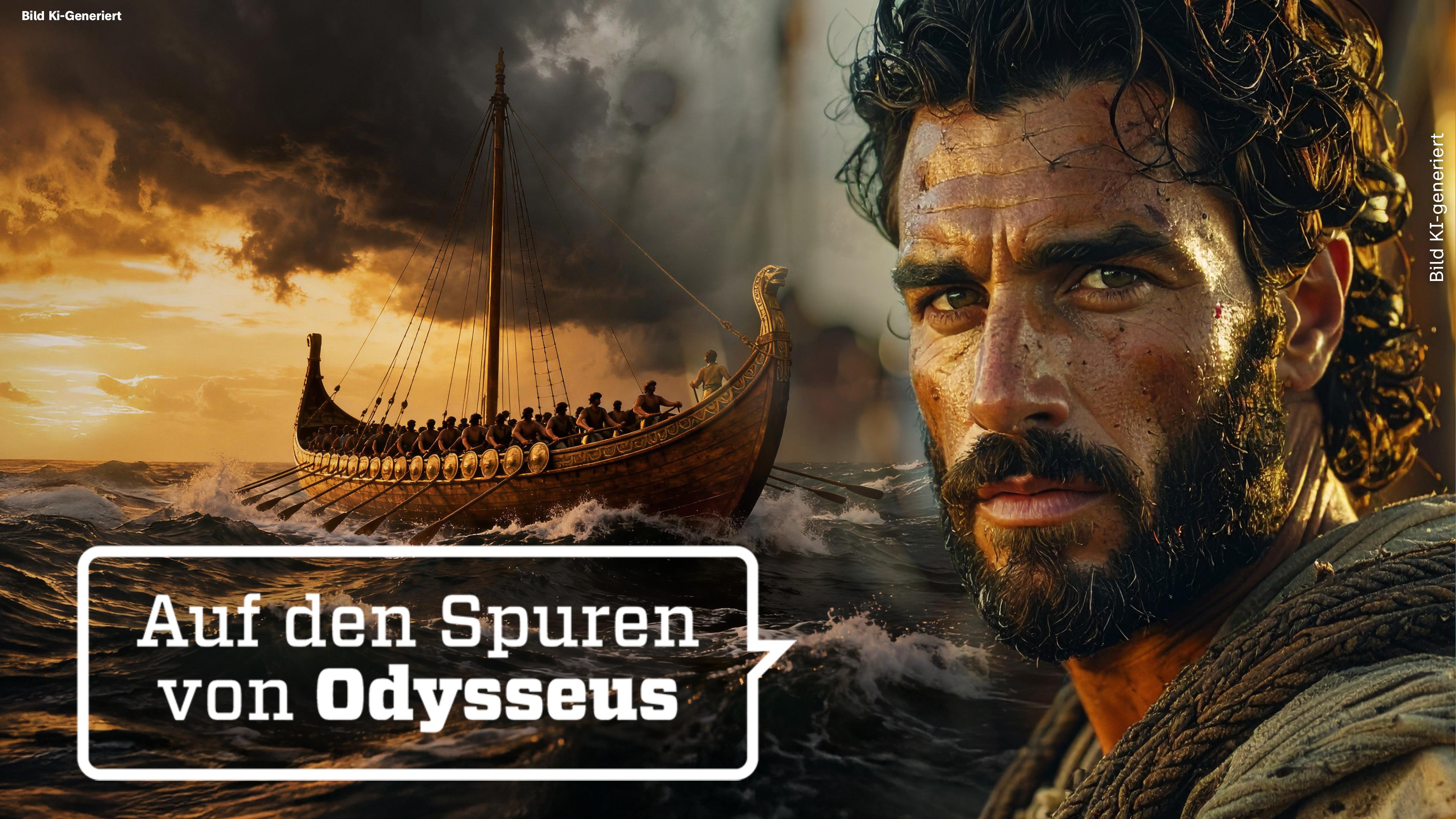 Rechts befindet sich eine Nahaufnahme von Odysseus mit entschlossenem Blick, links ein Schiff mit Besatzung, das über Wellen fährt. KI-generiert.